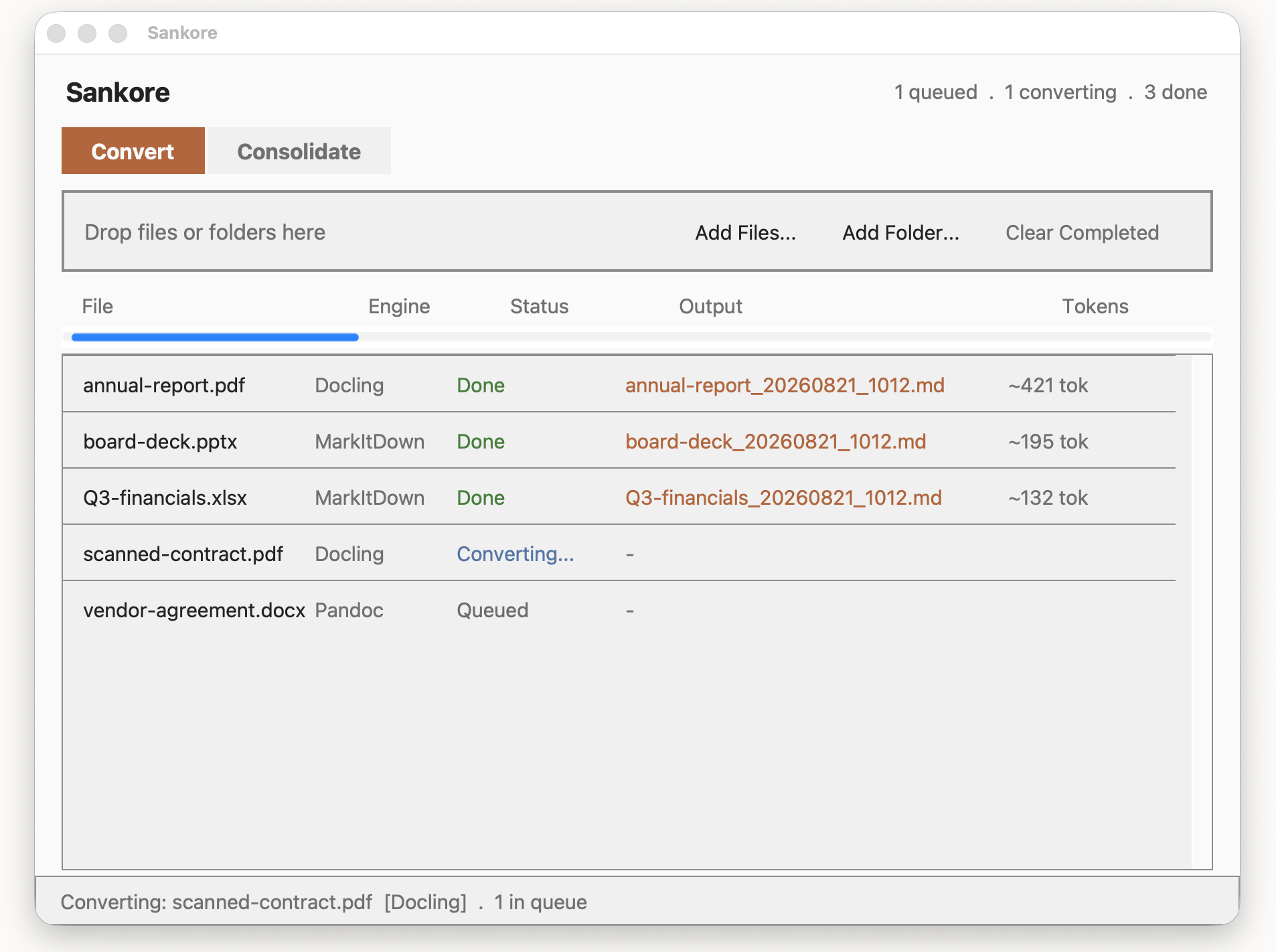 Sankore converting a PDF, a slide deck and a spreadsheet to Markdown, each with an estimated token count